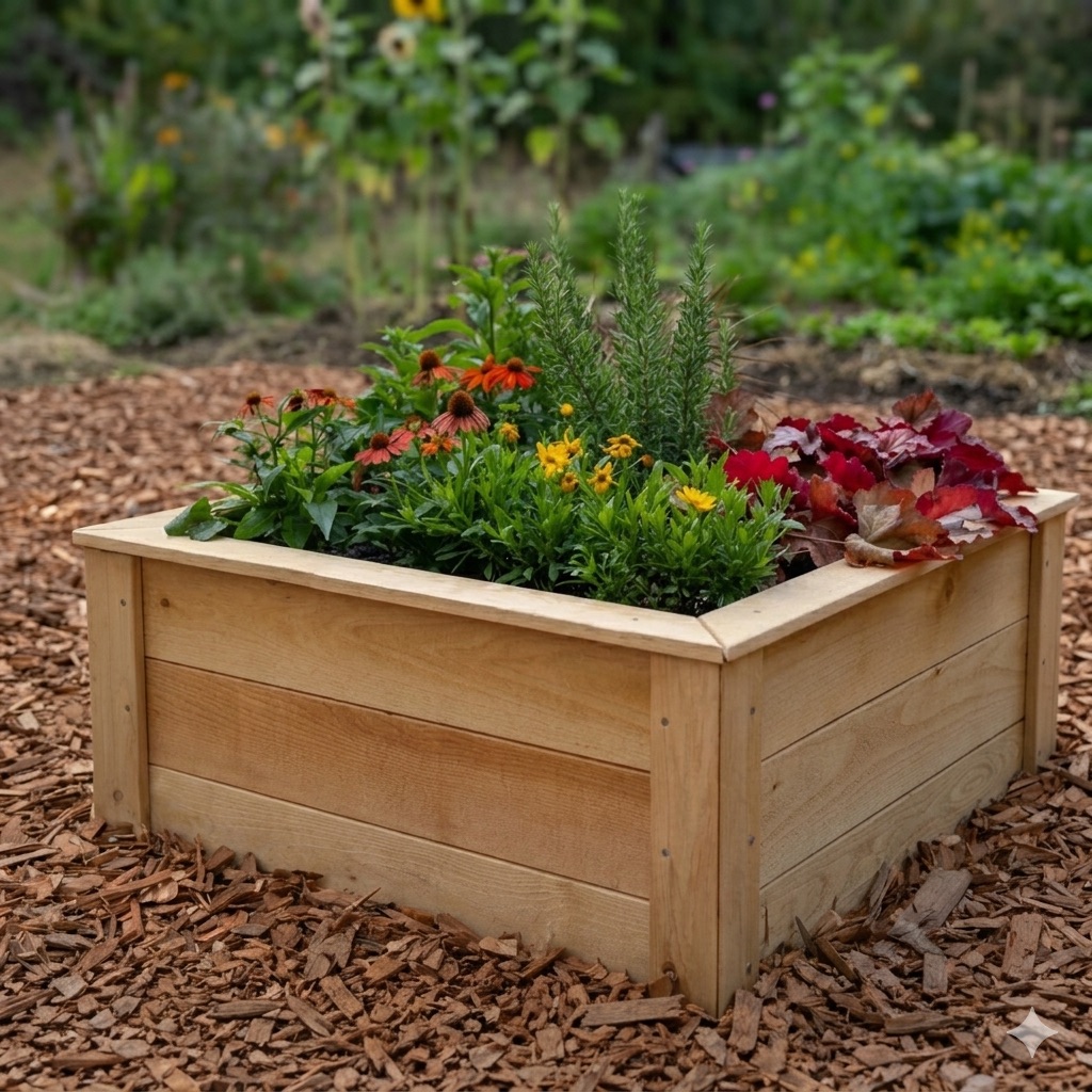 Cedar raised beds with flowering plants and herbs